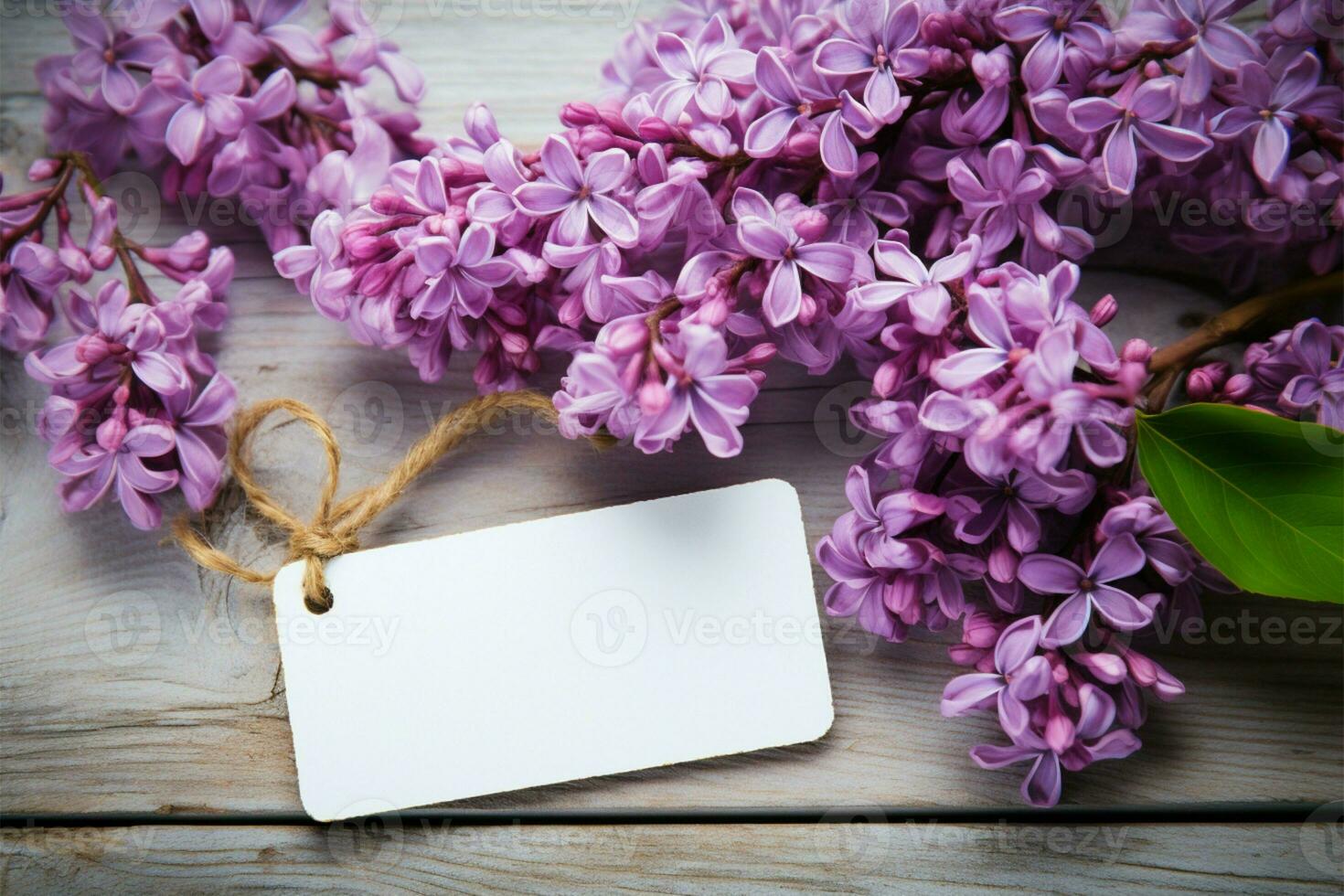 AI generated Tagged blossoms Lilac flowers with an empty tag, weathered wood photo