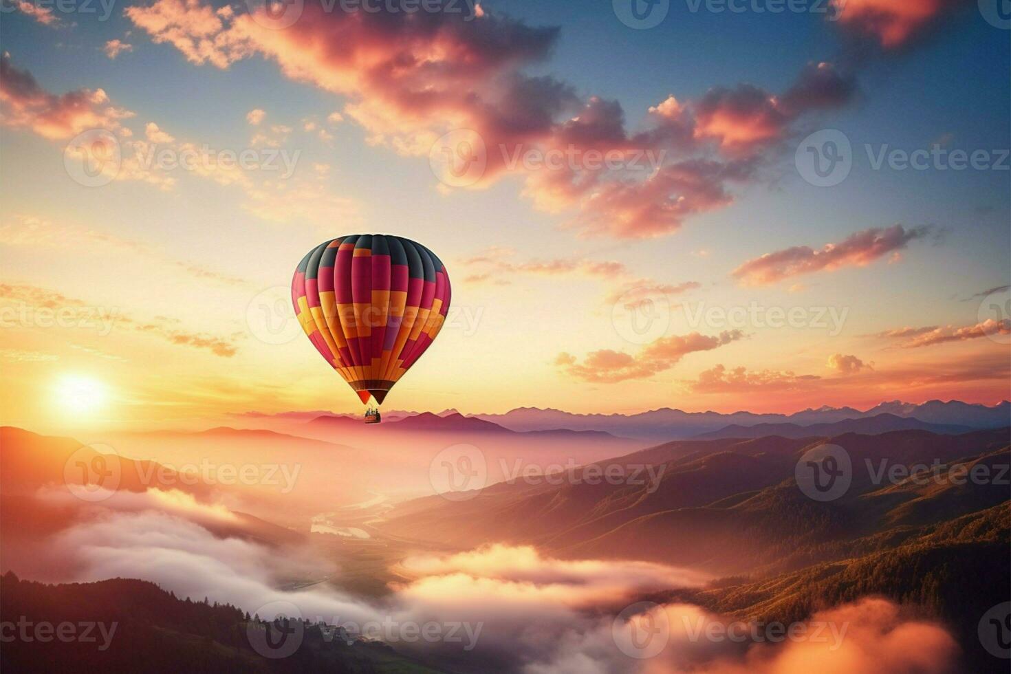 AI generated Airborne joy Hot summer sunrise, balloon travel, nature landscape freedom photo