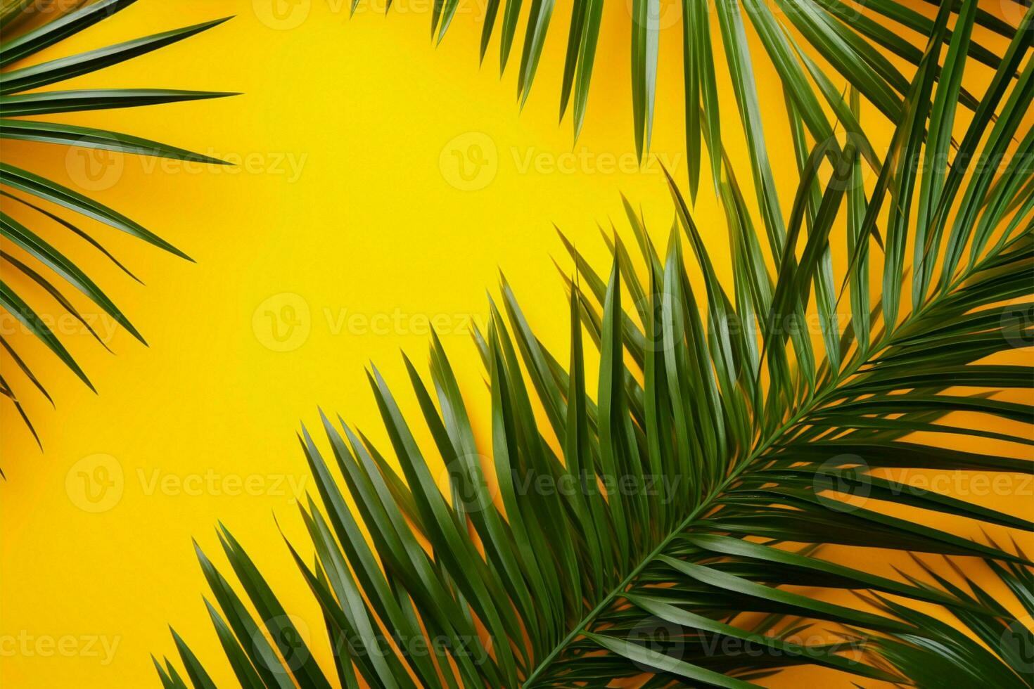 AI generated Sunny aesthetics Tropical palm leaves on a vibrant yellow background photo