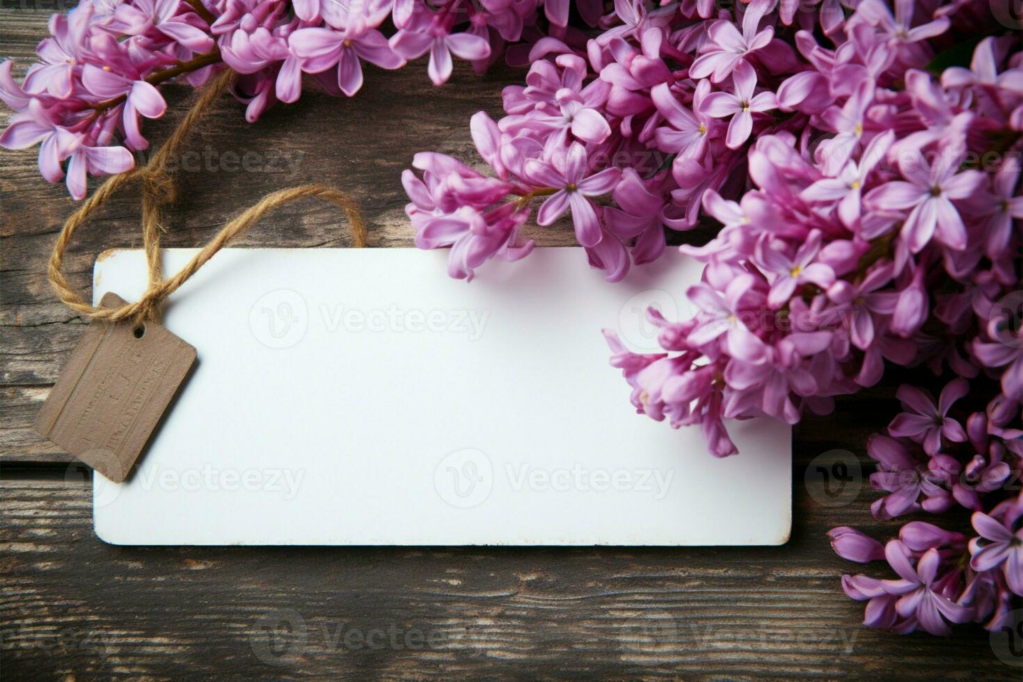 AI generated Wooden beauty Lilac flowers presented with an empty tag backdrop photo