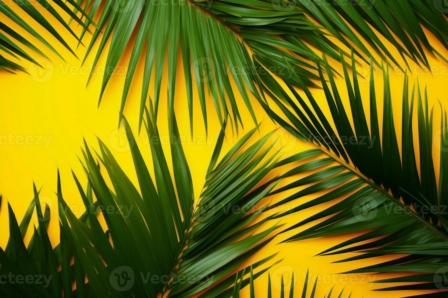 ai generado verano vibraciones tropical palma hojas en un brillante amarillo antecedentes foto