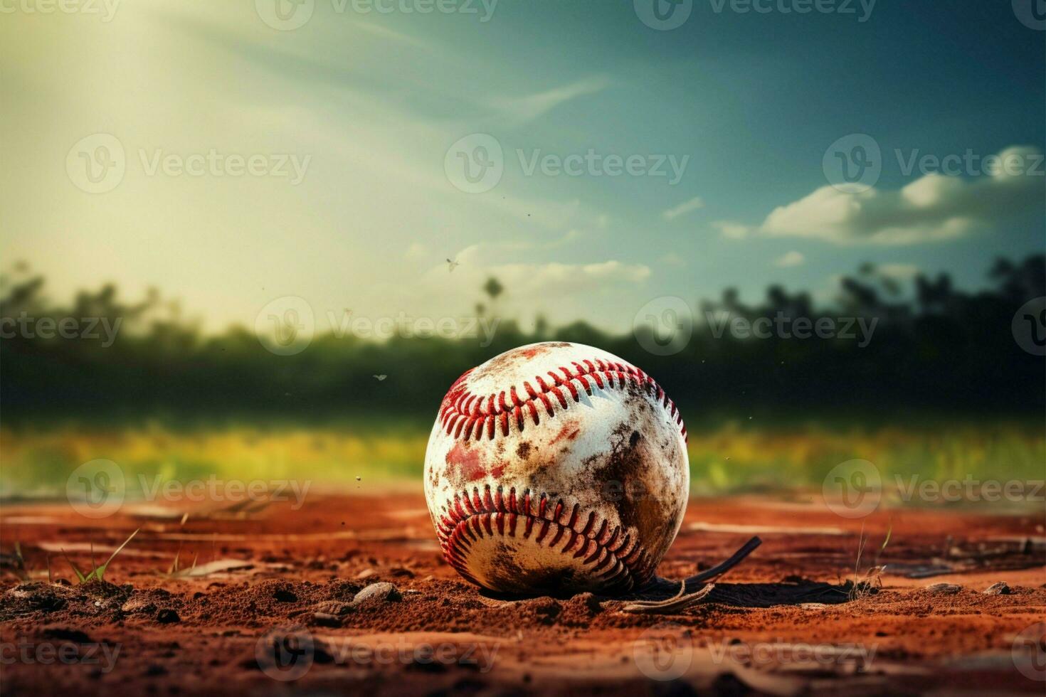 AI generated Classic sport Vintage retro graphic art showcases baseball on grass photo