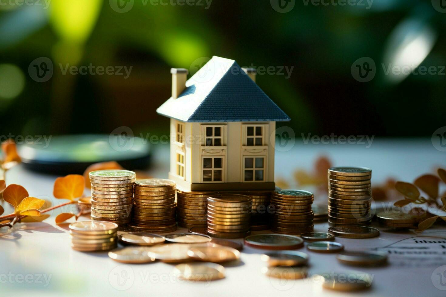 AI generated Financial security Saving for real estate, incorporating money and coins photo