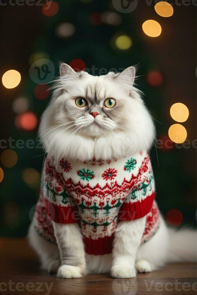 AI generated White Cat Christmas Sweater photo