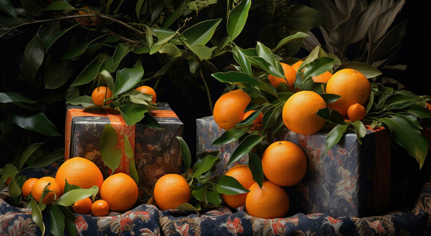 AI generated two oranges rest beside presents while other trees are near photo
