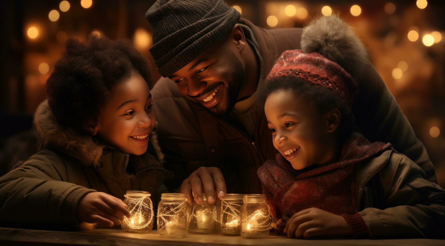 ai generado dos niños y un africano americano hombre cerca Navidad luces foto