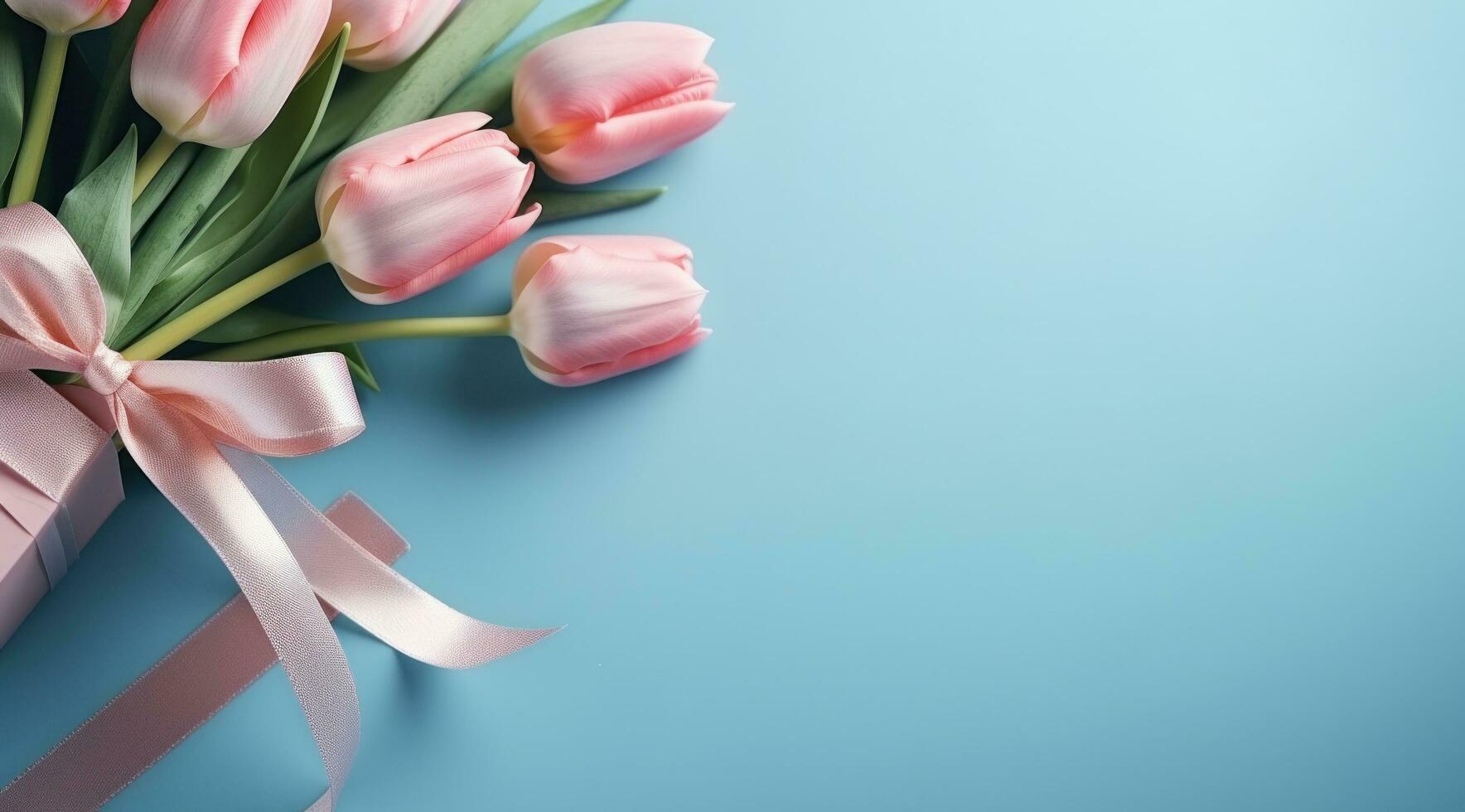 AI generated gift and pink tulips on blue background photo