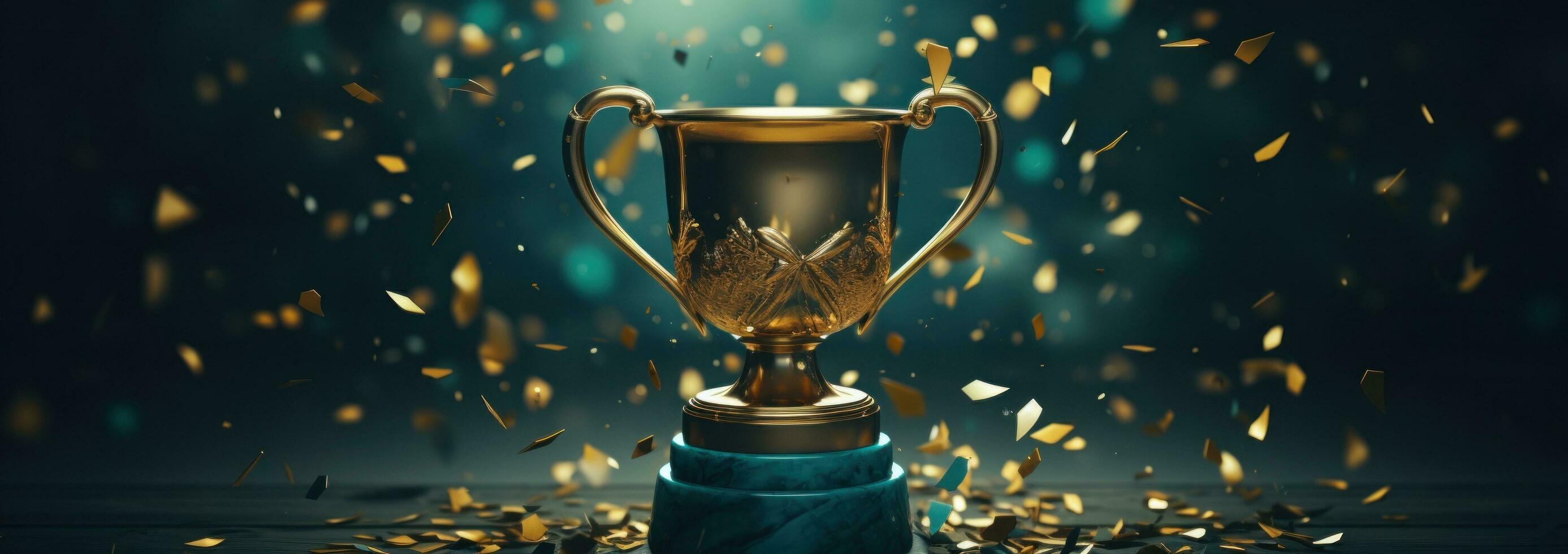 AI generated a golden trophy on a dark background with confetti photo