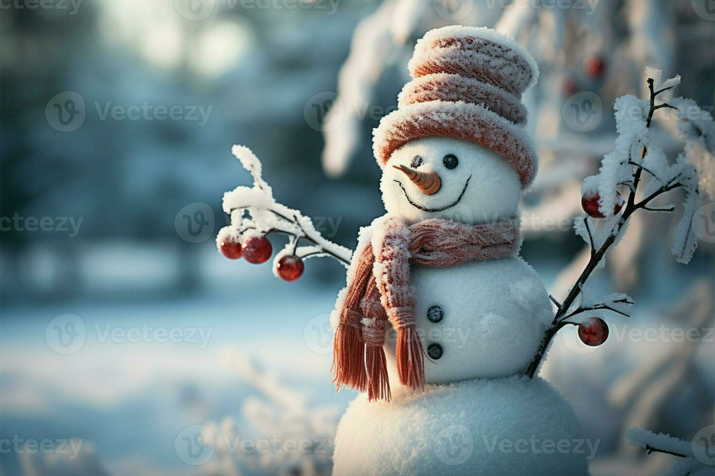 AI generated Winter charm Snowman in a landscape with snowy background photo