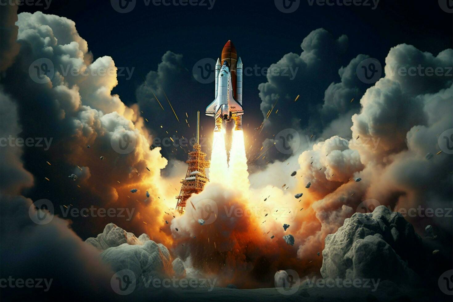 AI generated Cosmic journey Rocket takes off into space in captivating mixed media photo