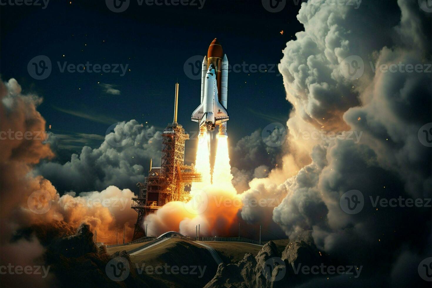 AI generated Celestial ascent Rocket launches into space in dynamic mixed media photo