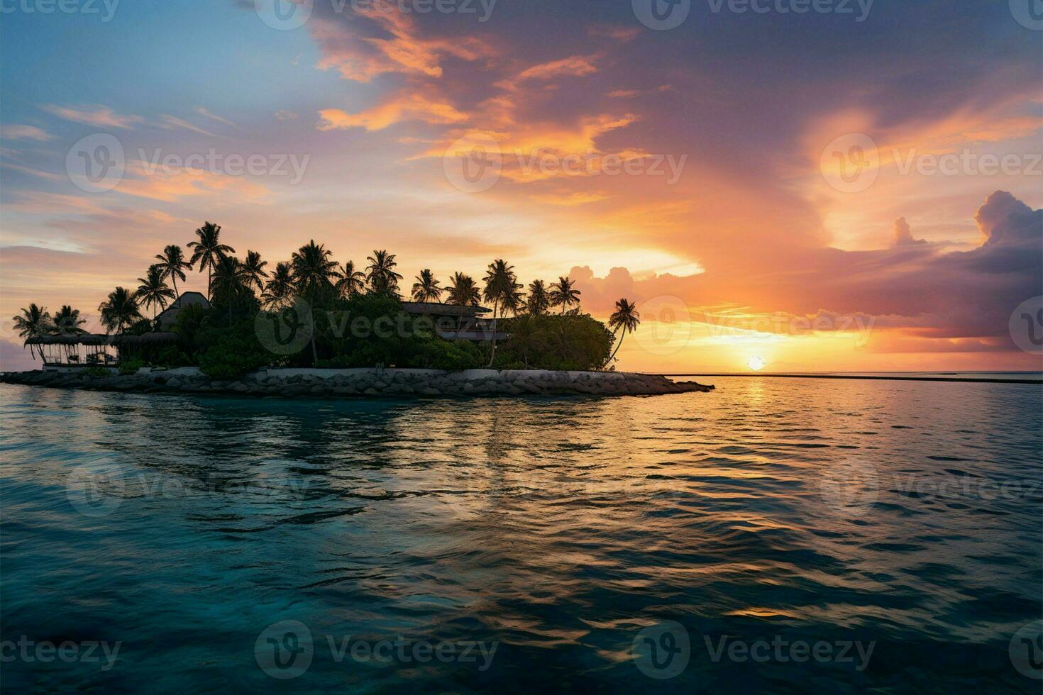 AI generated Tranquil lagoon Maldives sunset creates a breathtaking tropical seascape panorama photo
