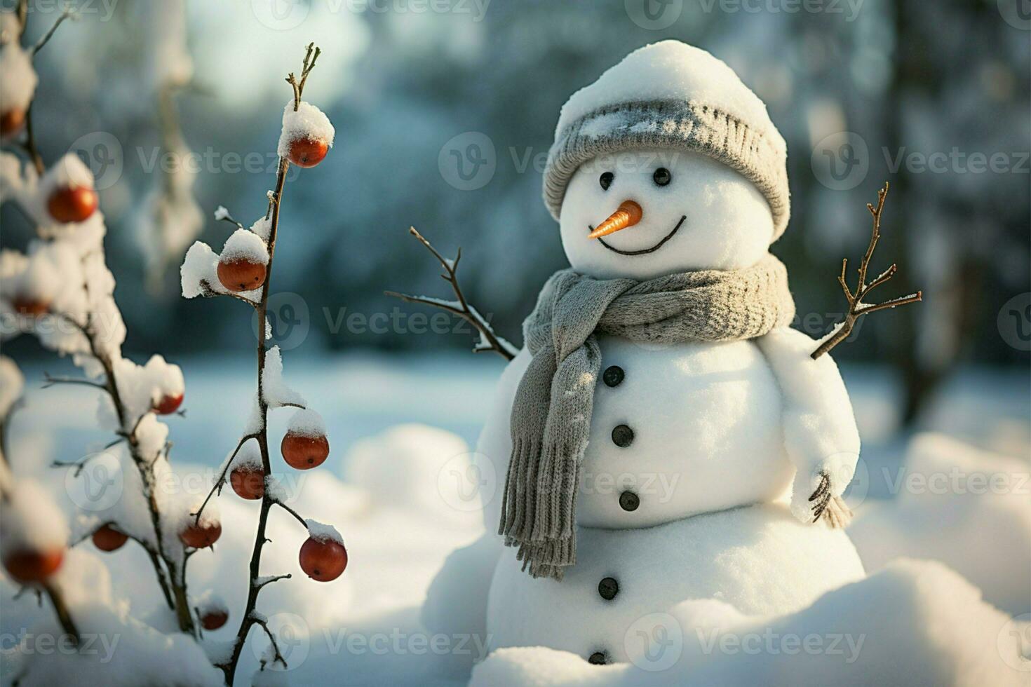 AI generated Winter charm Snowman in a landscape with snowy background photo