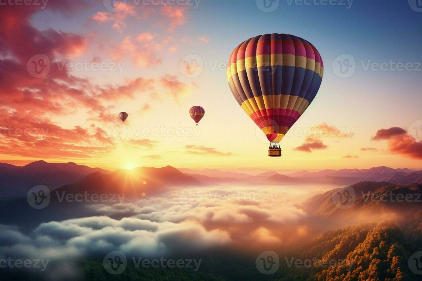 AI generated Summer balloon ride Sunrise background, nature landscape, air travel freedom photo