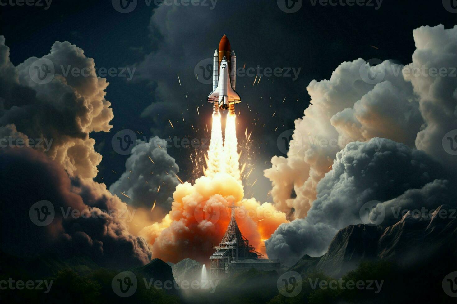 AI generated Celestial ascent Rocket launches into space in dynamic mixed media photo