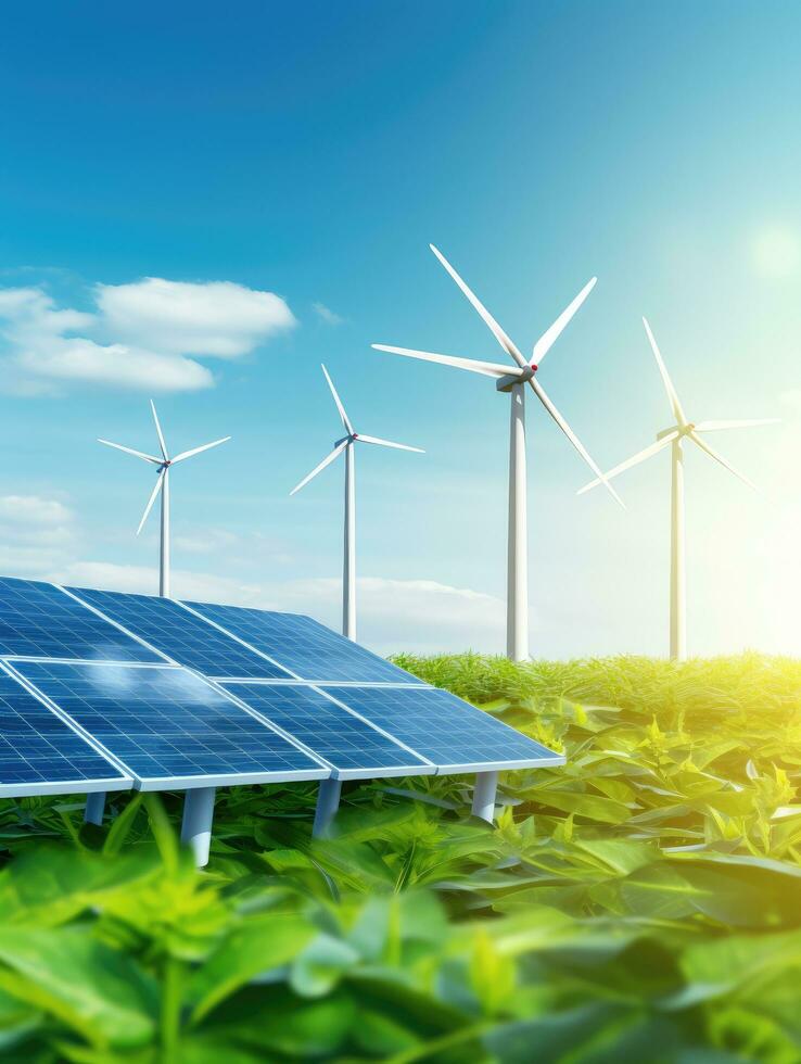 AI generated solar panel and two wind turbines on the ground photo
