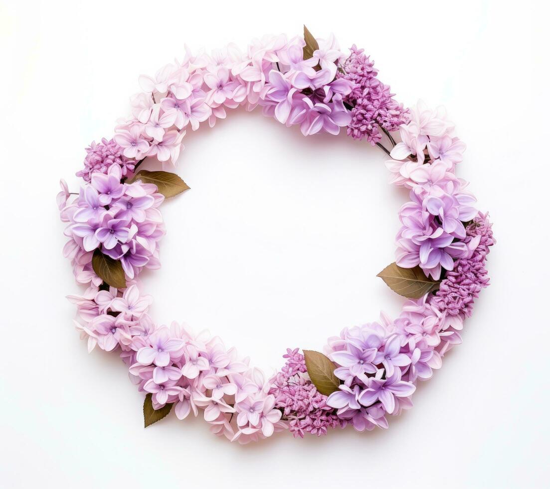 AI generated round frame with flowers and leaves on white background photo