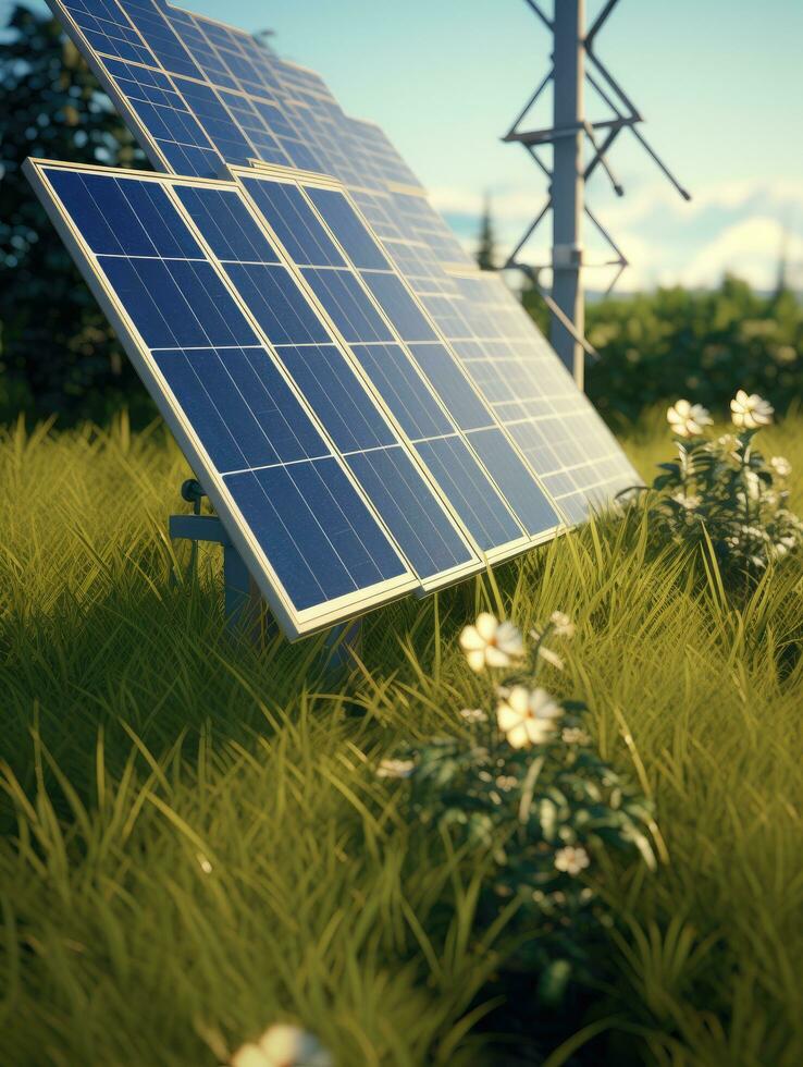 AI generated solar panel and two wind turbines on the ground photo