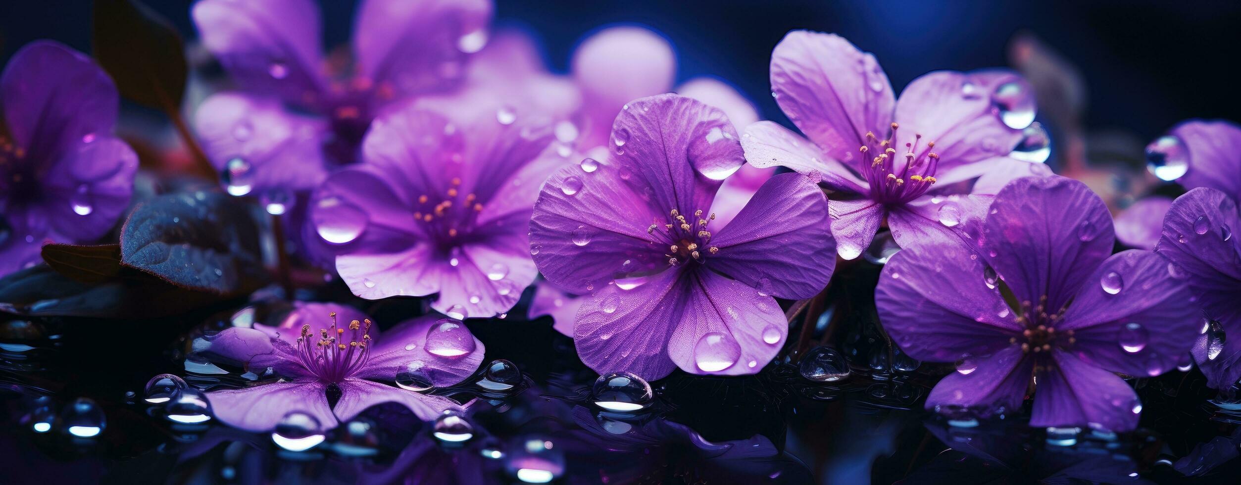 AI generated purple flowers with water drops are in the dark photo
