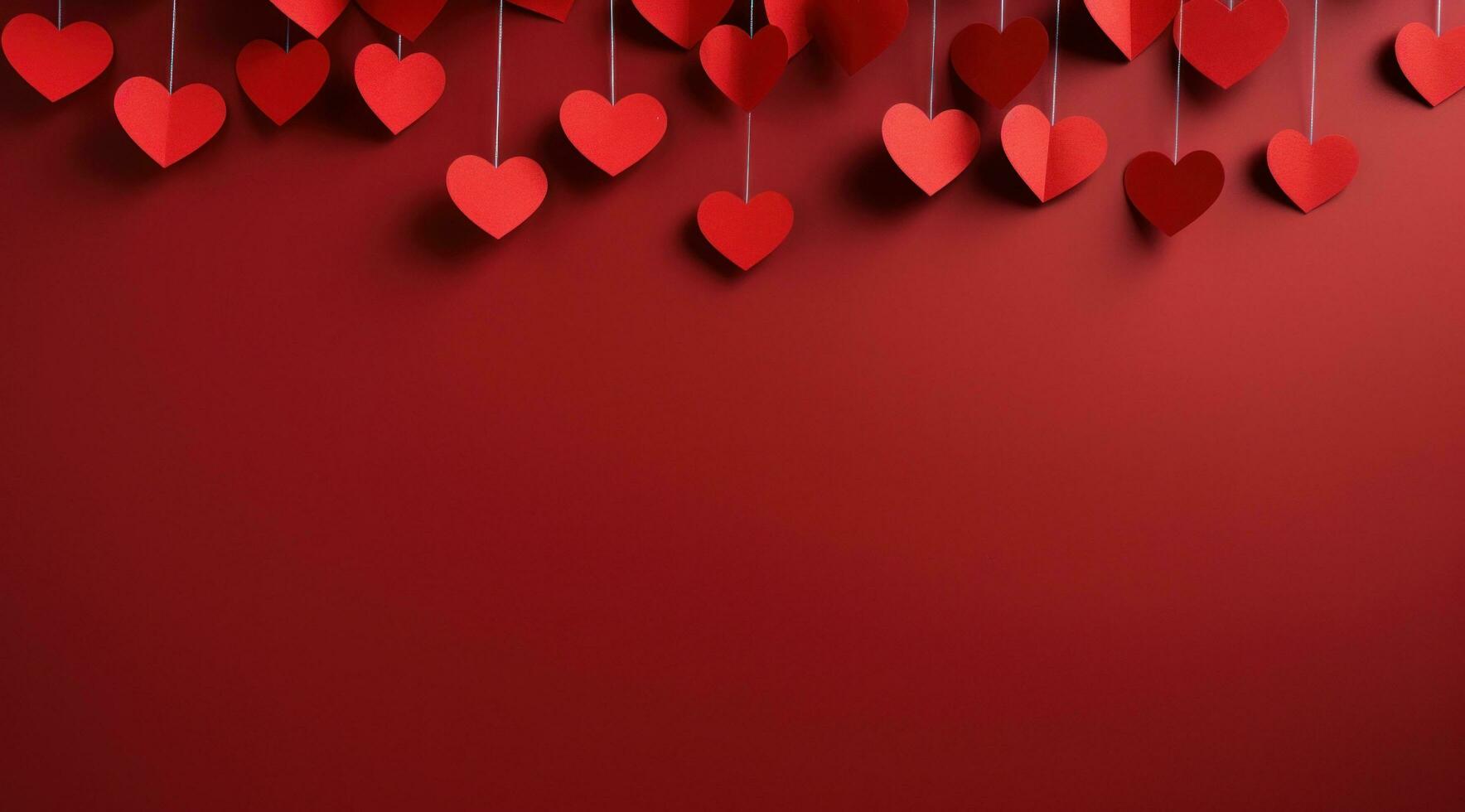 AI generated cut paper heart shapes hanging on a red background photo