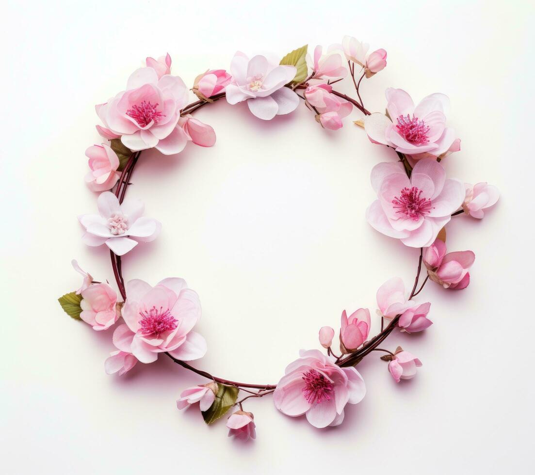 AI generated round frame with flowers and leaves on white background photo