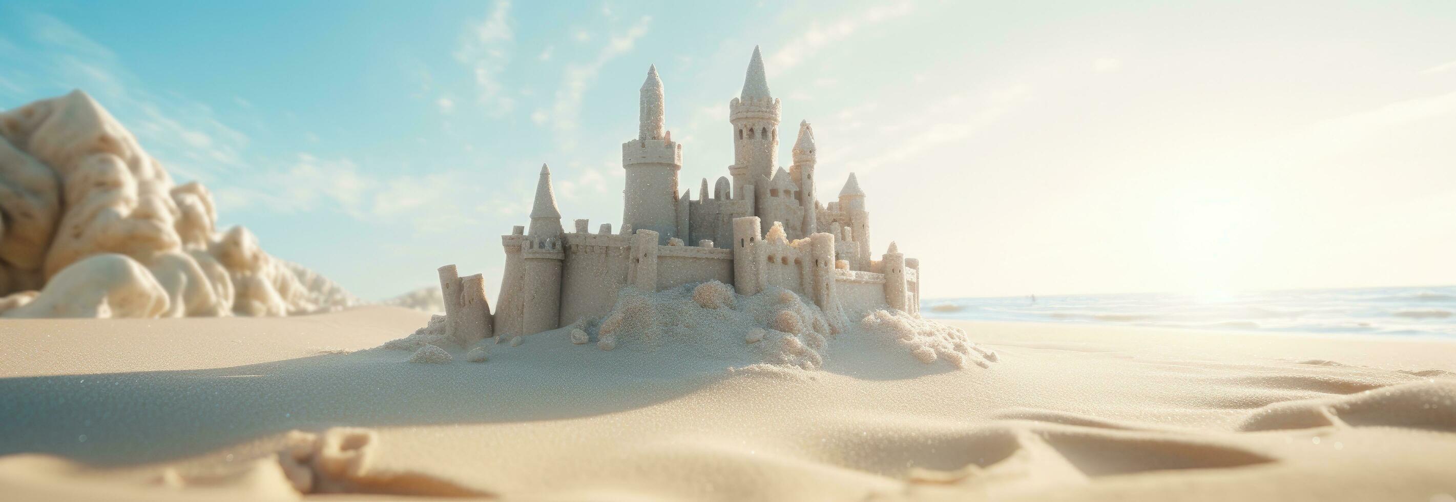 AI generated sand art, beach castles at the beach photo