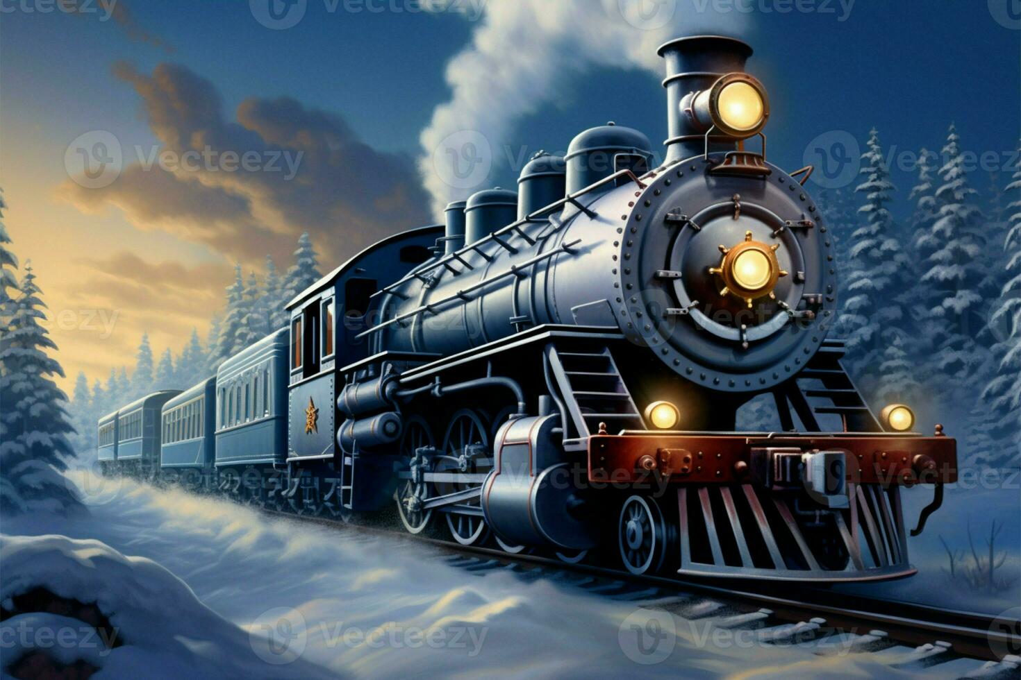 AI generated Winter locomotion 3D digital painting of a steam locomotive in snow covered forest photo