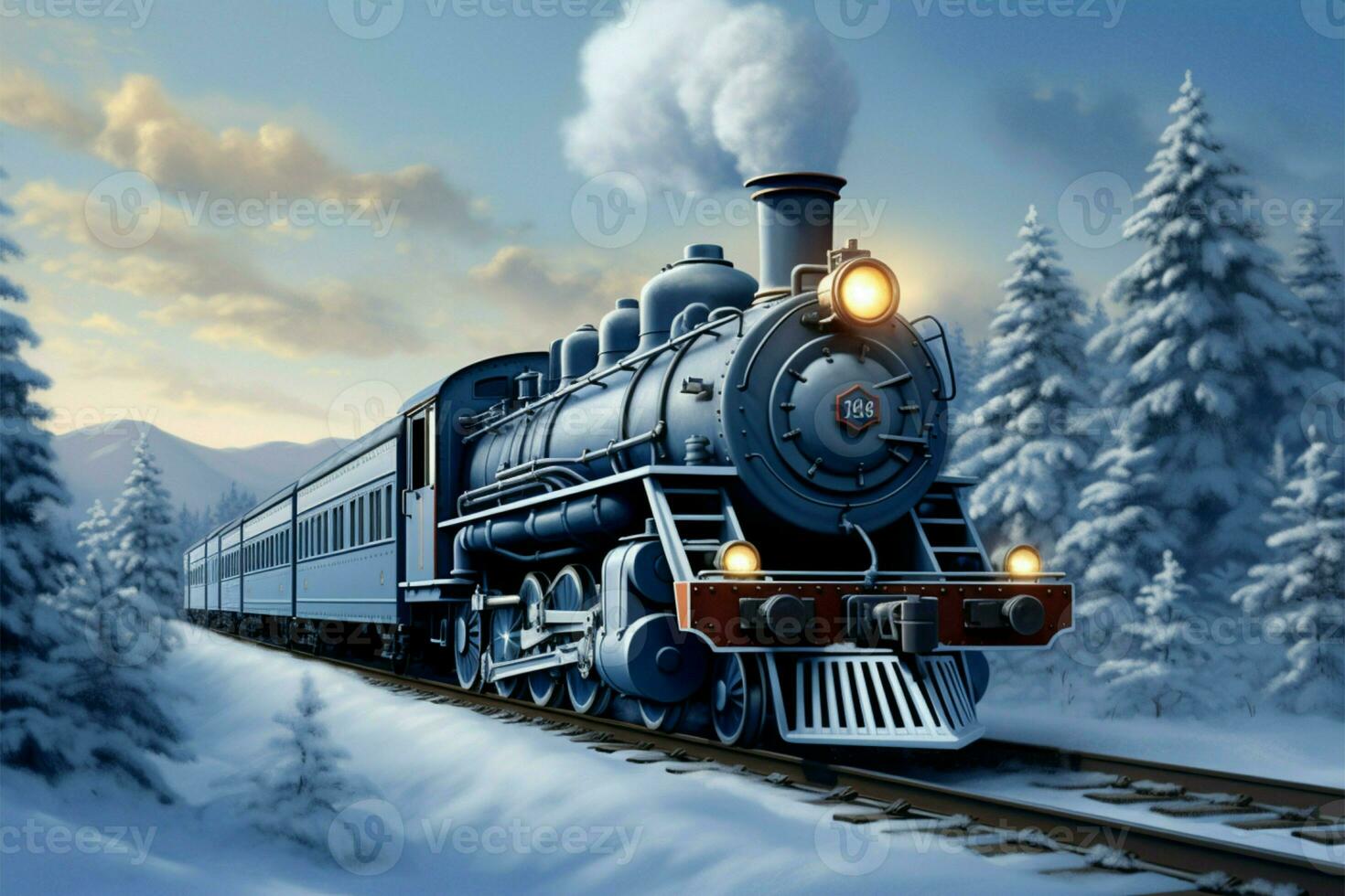 AI generated Forest expedition 3D illustration depicts a steam locomotive in winter scenery photo