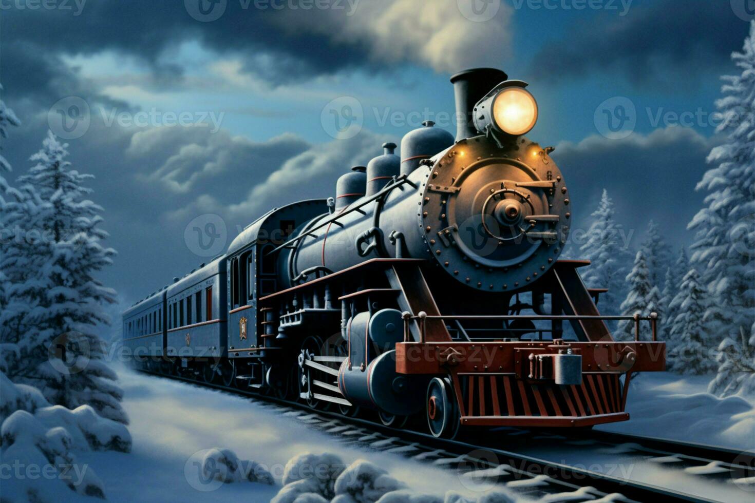 AI generated Forest expedition 3D illustration depicts a steam locomotive in winter scenery photo