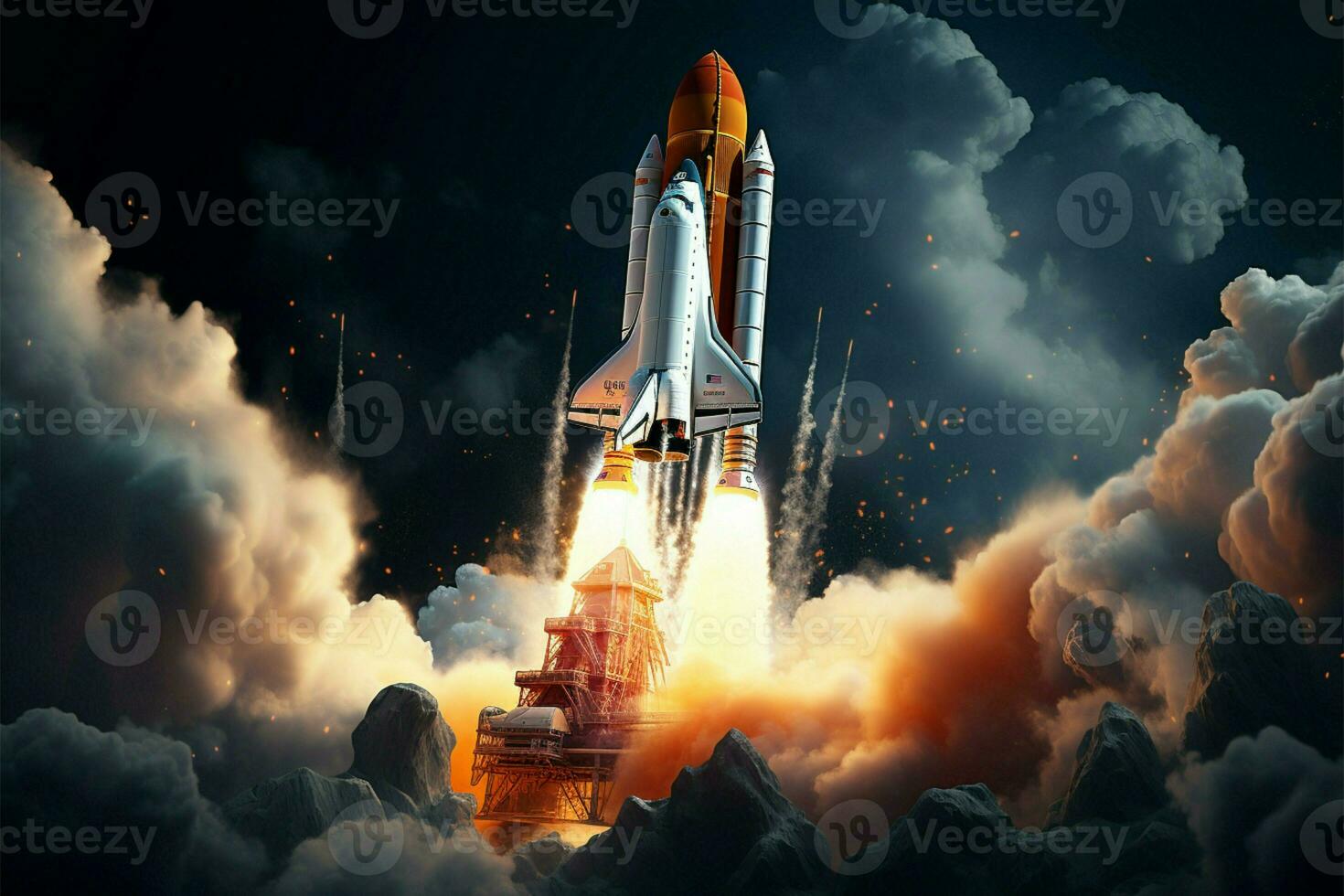 AI generated Cosmic journey Rocket takes off into space in captivating mixed media photo