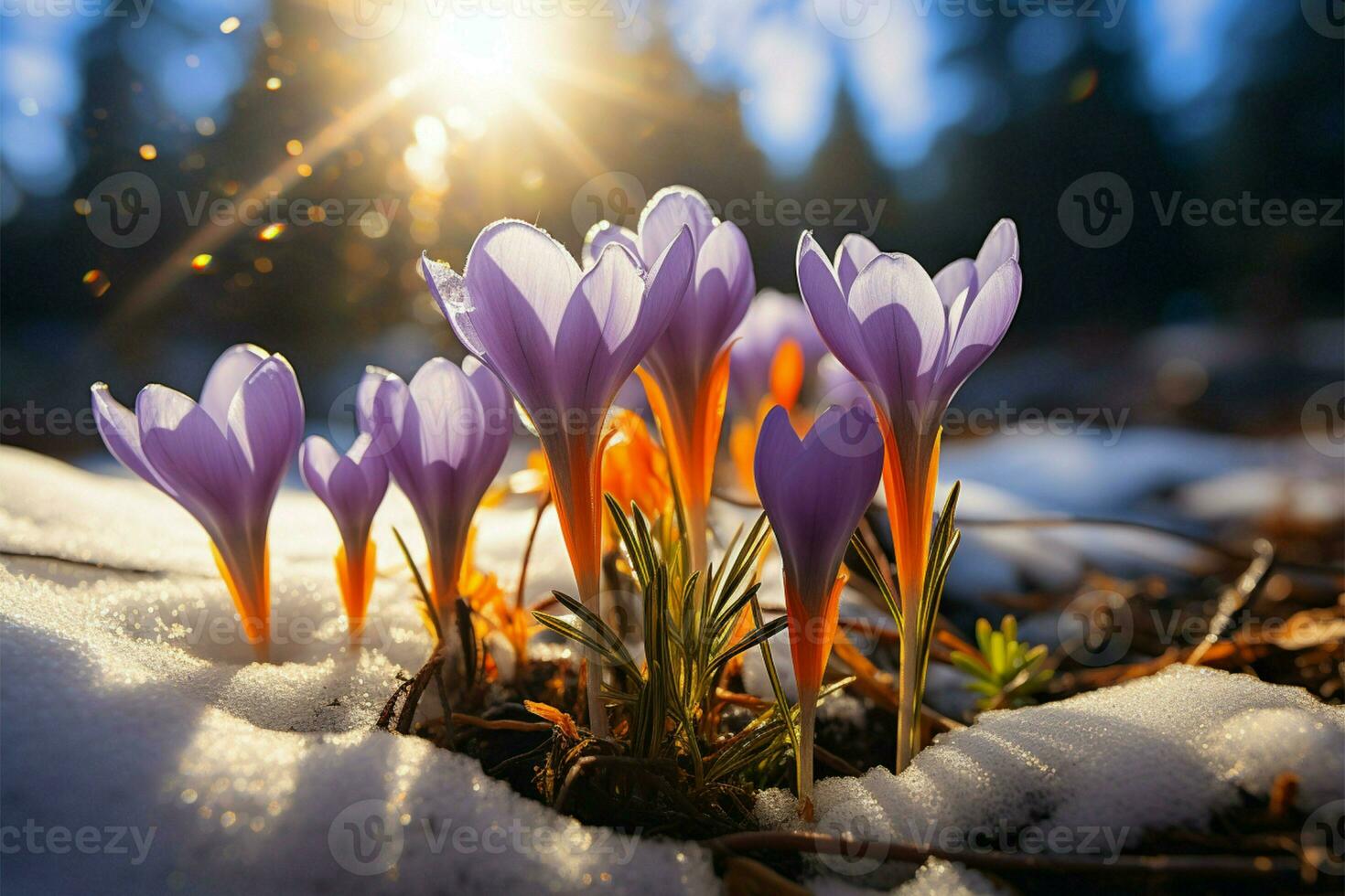 AI generated Natures revival First spring crocuses bloom in snowy forest, copy space photo