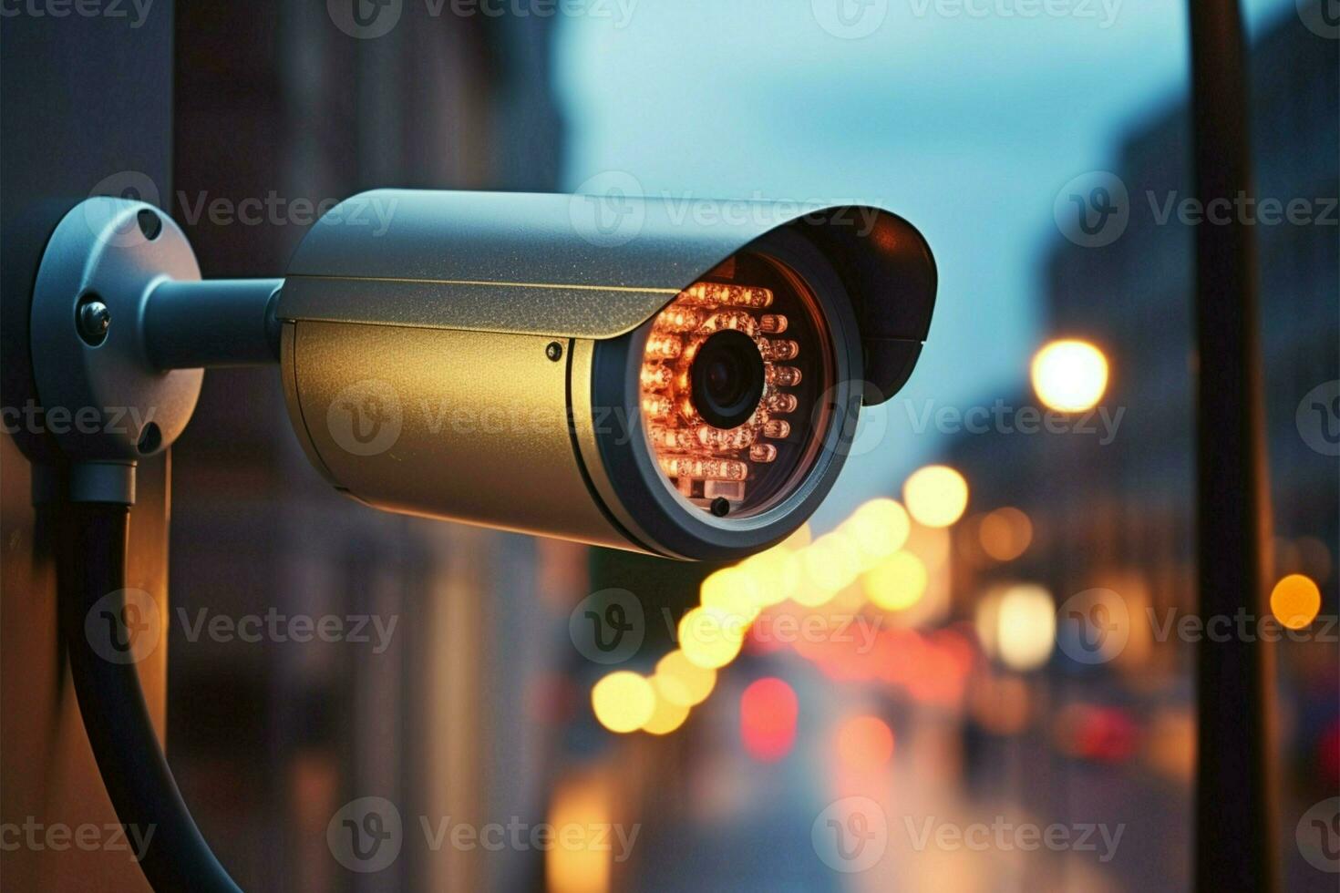 AI generated Security surveillance CCTV camera on a window with bokeh light photo
