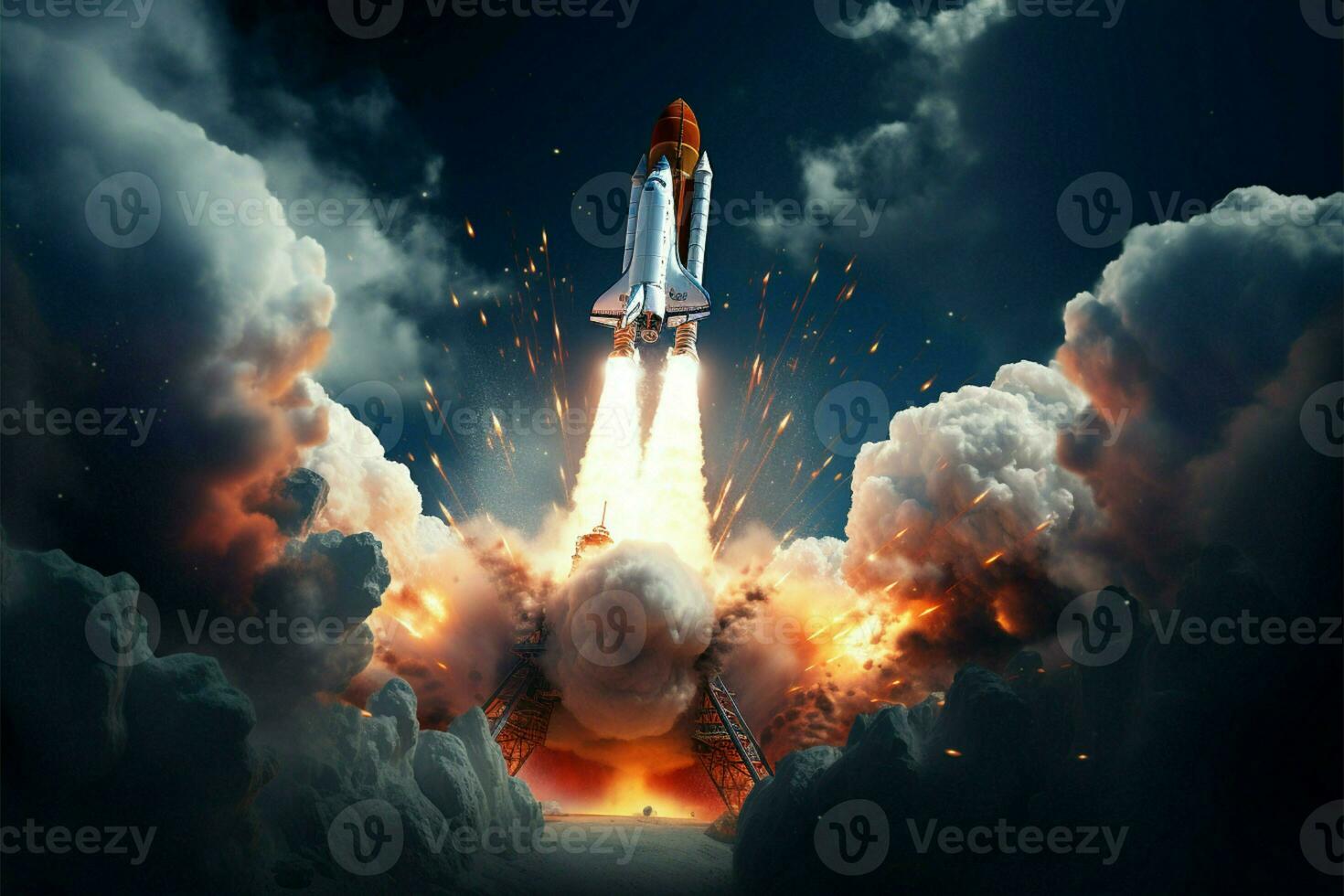 AI generated Cosmic journey Rocket takes off into space in captivating mixed media photo