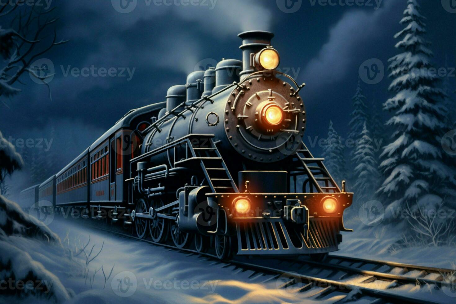 AI generated Winter railway 3D digital painting captures steam locomotive in snowy woods photo