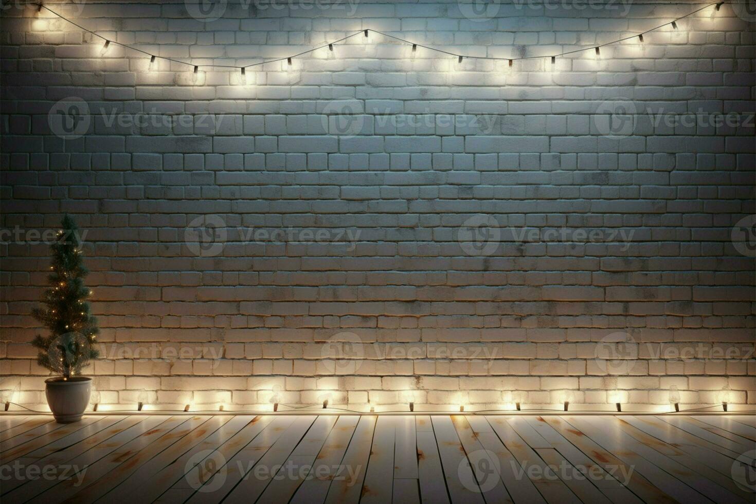 AI generated Festive glow Minimalist white brick wall with shimmering lights photo