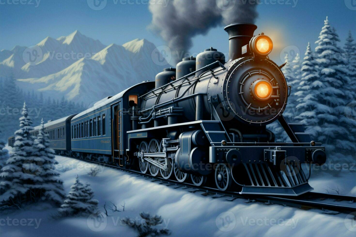 AI generated Winter railway 3D digital painting captures steam locomotive in snowy woods photo