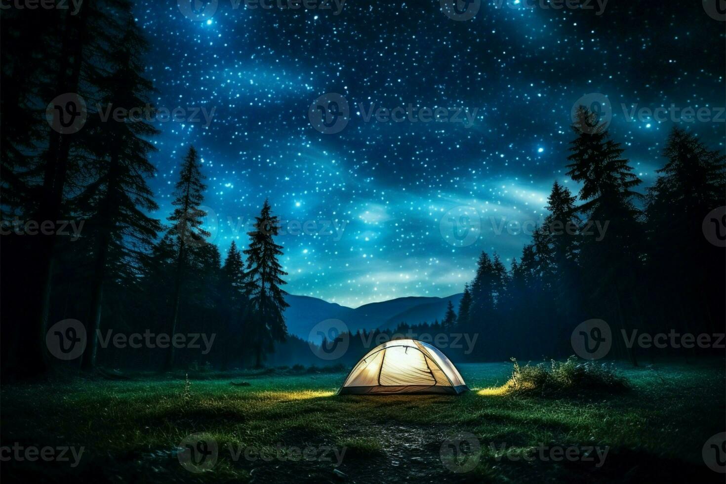 AI generated Forest cosmos Starry night nature adventure in the mountainous landscape photo