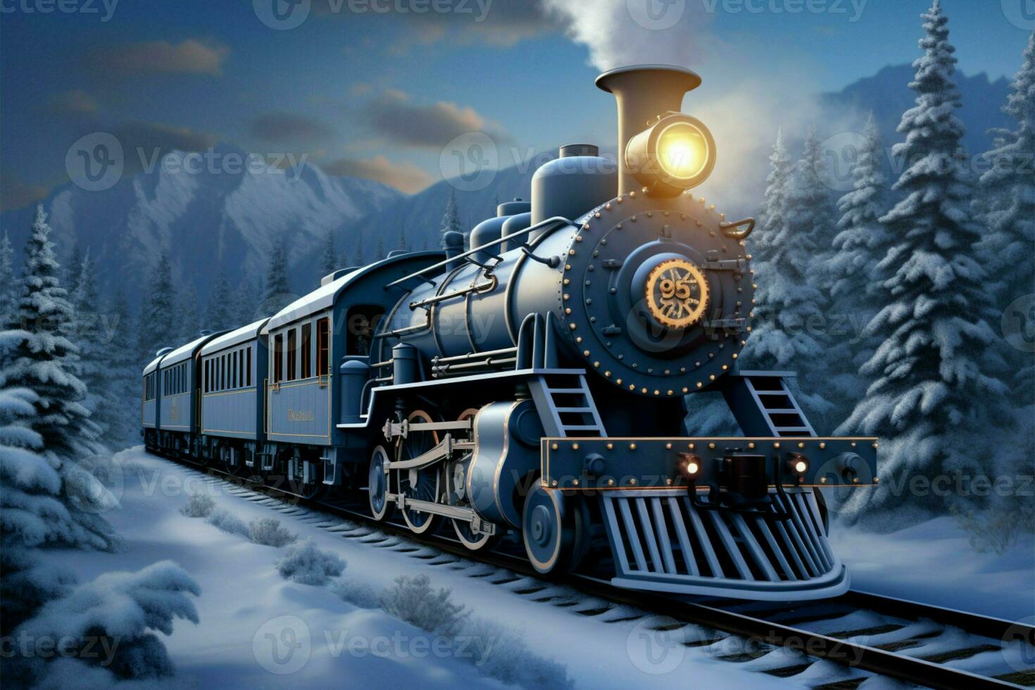 AI generated Frozen journey Steam locomotive depicted in a winter forest, digital artwork photo