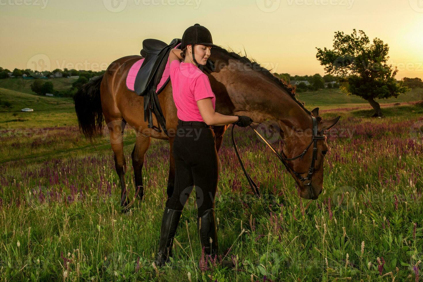 hermosa sonriente niña jockey estar siguiente a su marrón caballo vistiendo especial uniforme en un cielo y verde campo antecedentes en un puesta de sol. foto