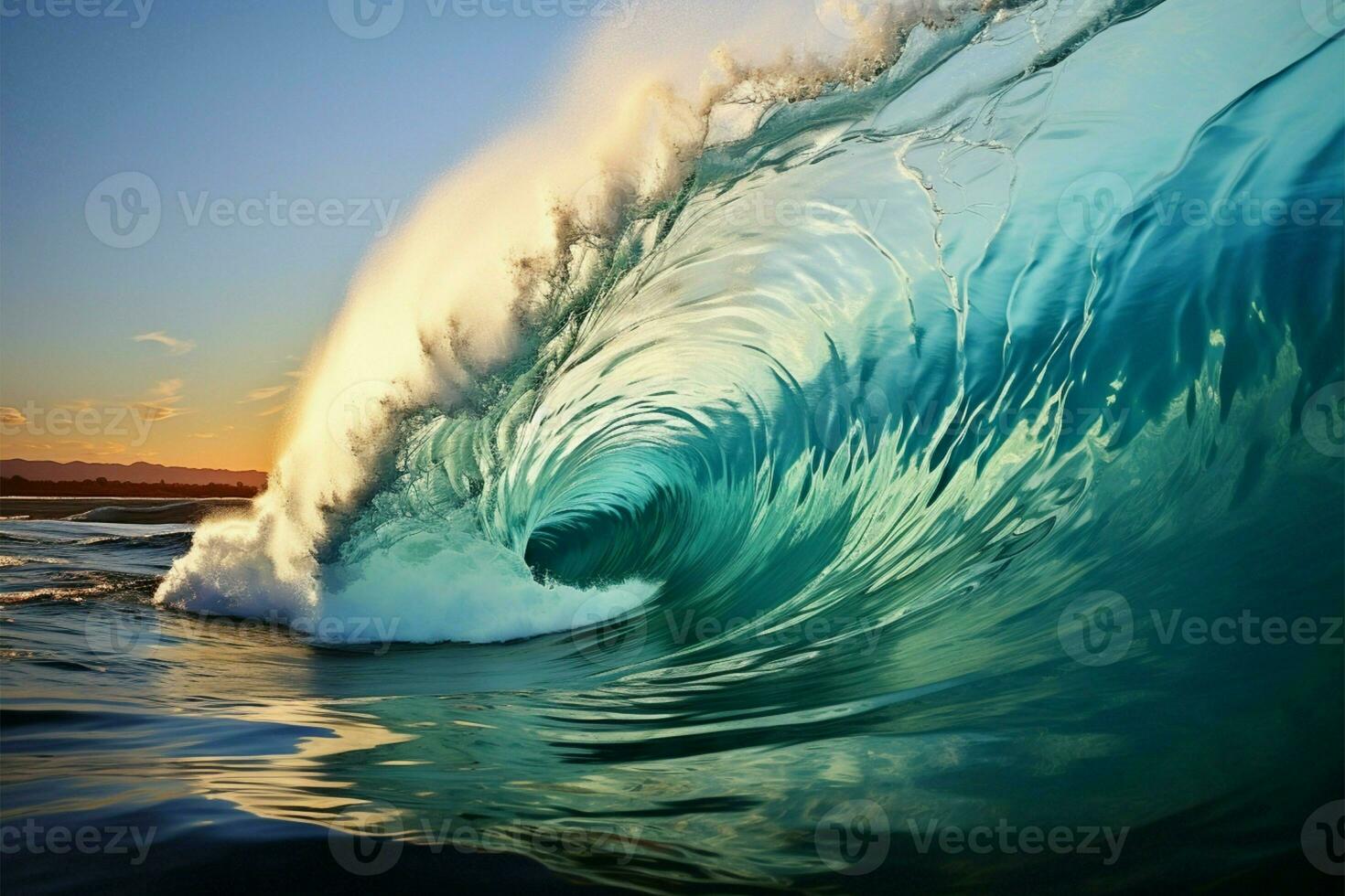 AI generated Tropical thrill Graphic art of big sea wave for surfing photo