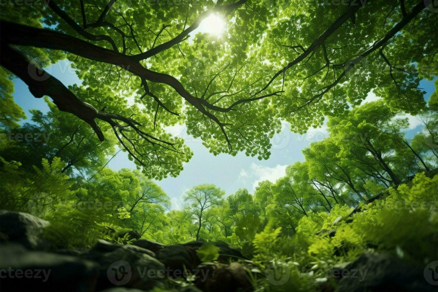 AI generated Tree heights Observing the green tops of trees from below photo