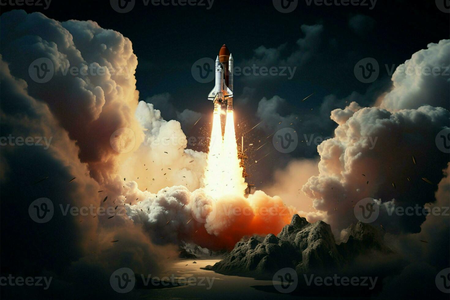 AI generated Interstellar adventure Mixed media portrays a rockets spectacular launch photo