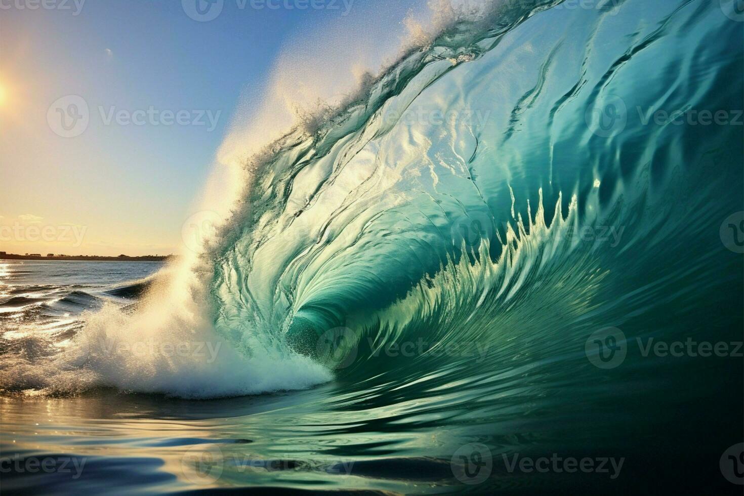 AI generated Tropical thrill Graphic art of big sea wave for surfing photo