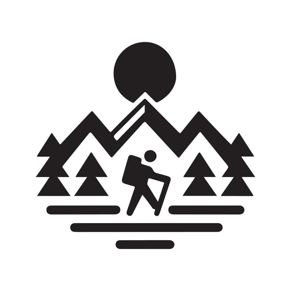 geometric monochrome illustration logo of mountain hiking vector