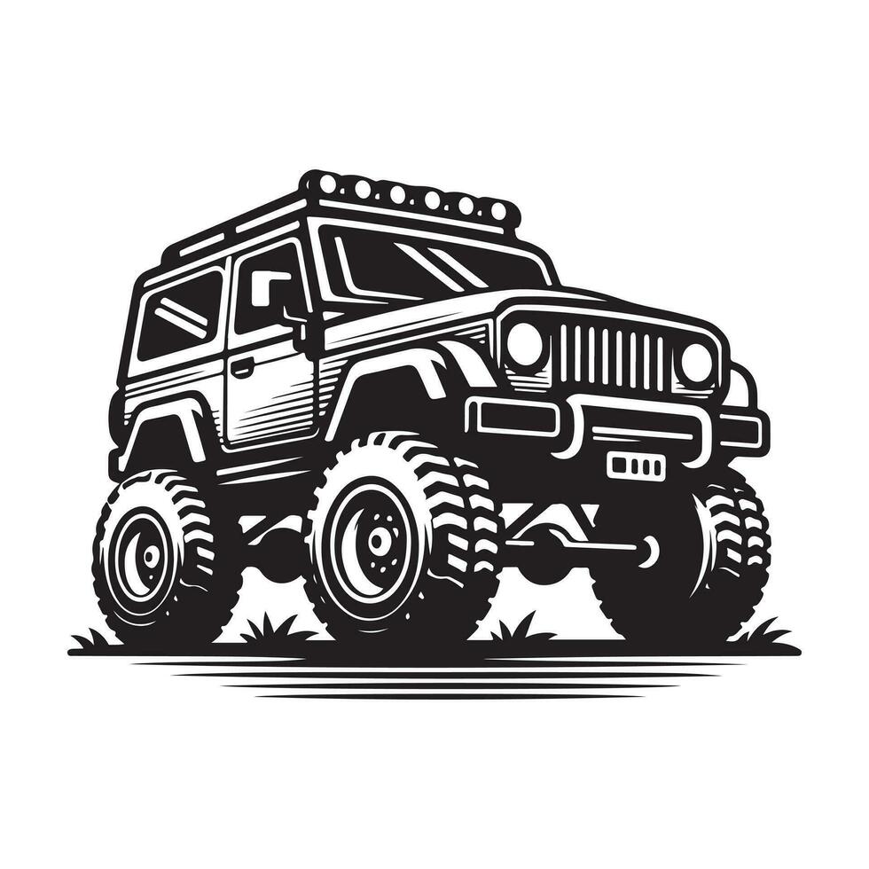 rustic hand drawn logo illustration of off road car vector