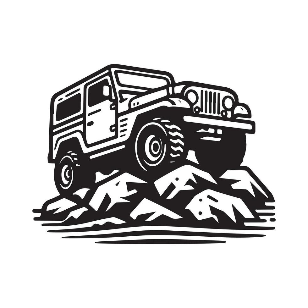 rustic hand drawn logo illustration of off road car vector