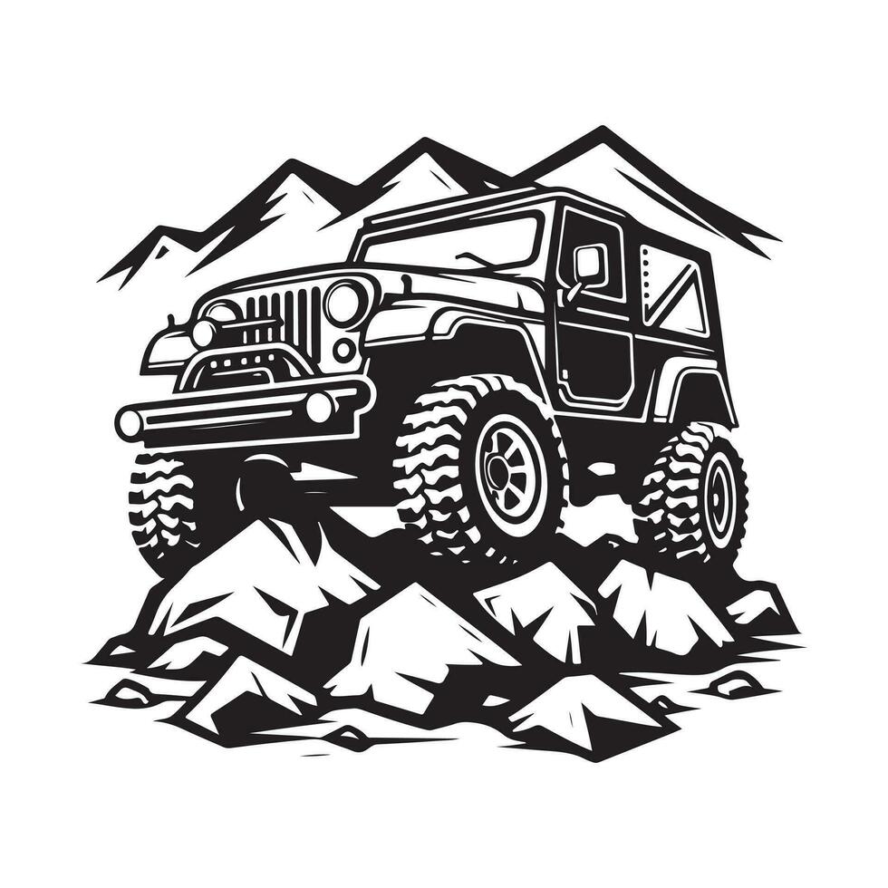 rustic hand drawn logo illustration of off road car vector