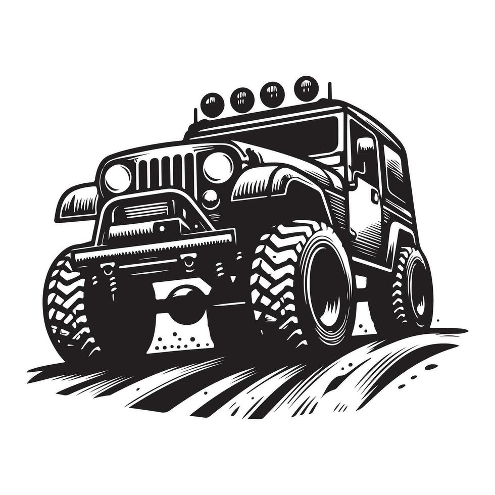 rustic hand drawn logo illustration of off road car vector