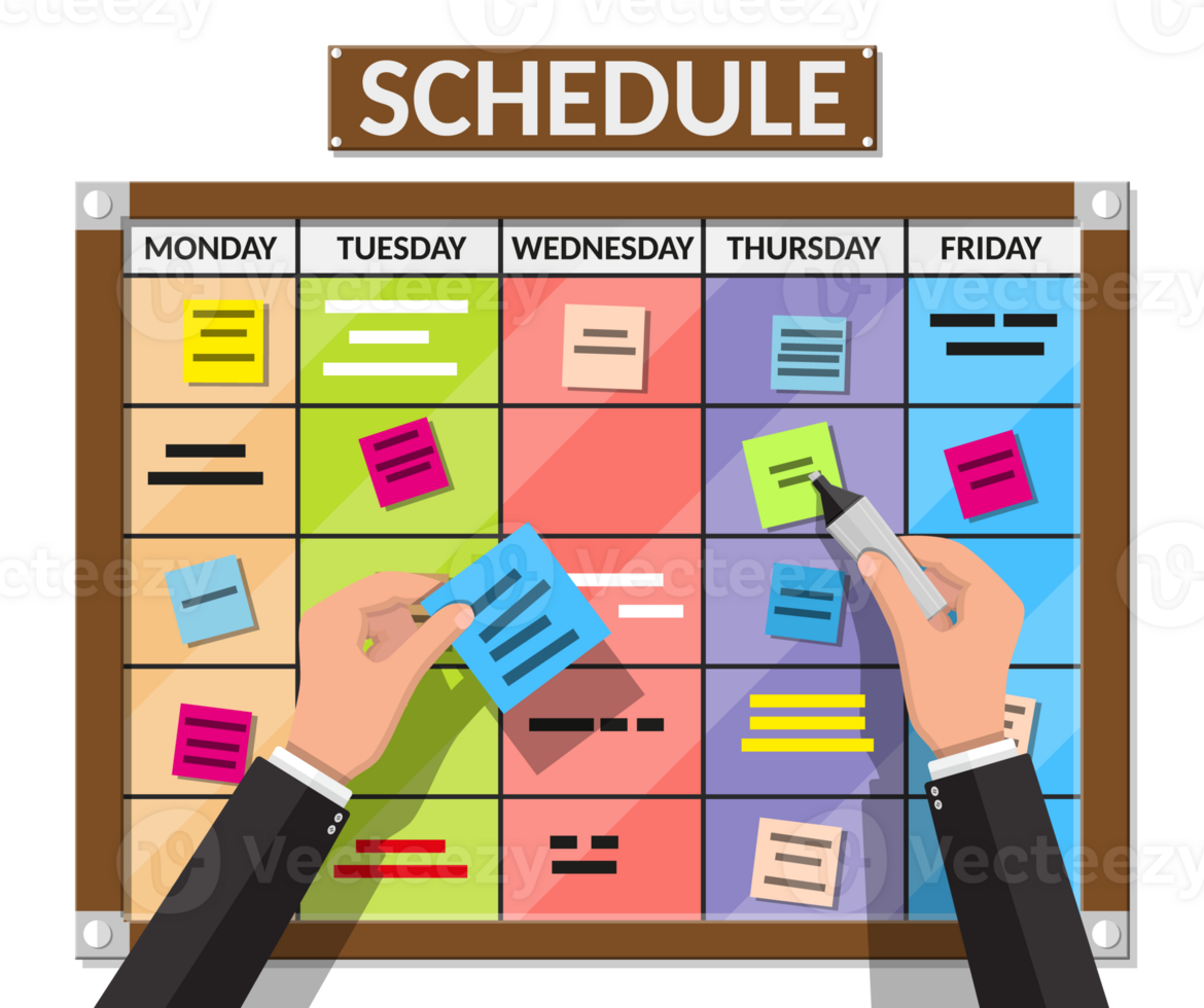 Scrum task board full of tasks on sticky note cards png