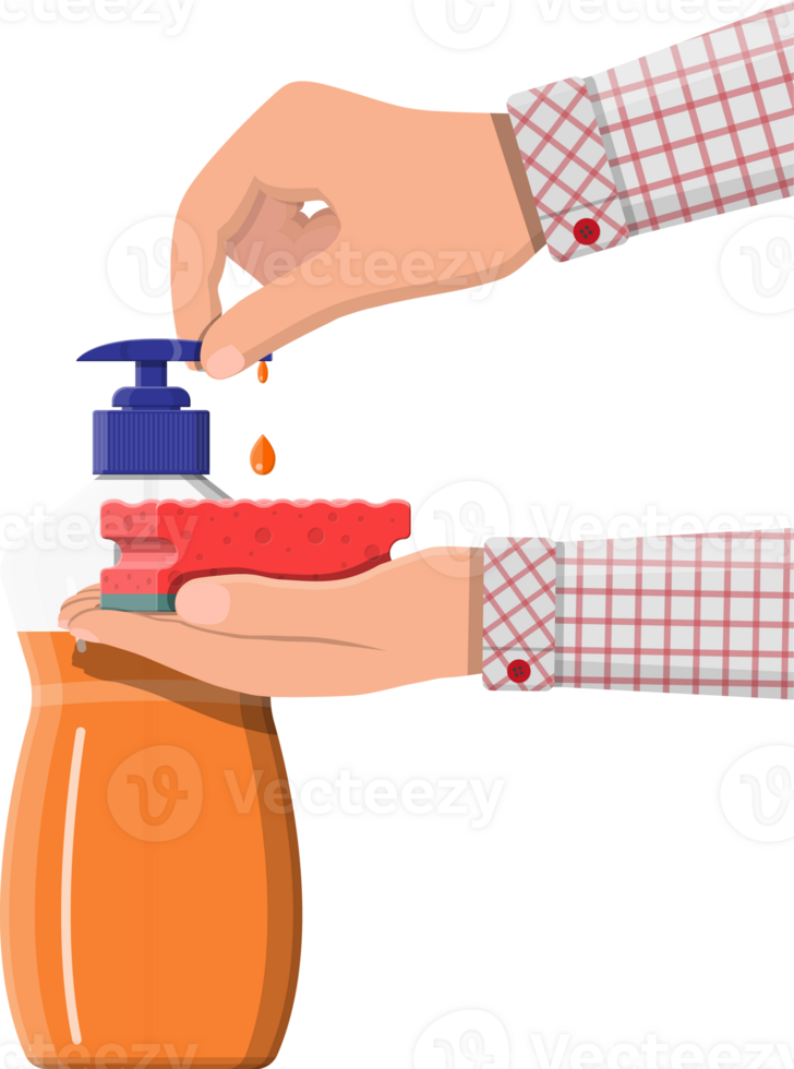 Bottle with dispenser and sponge in hands png